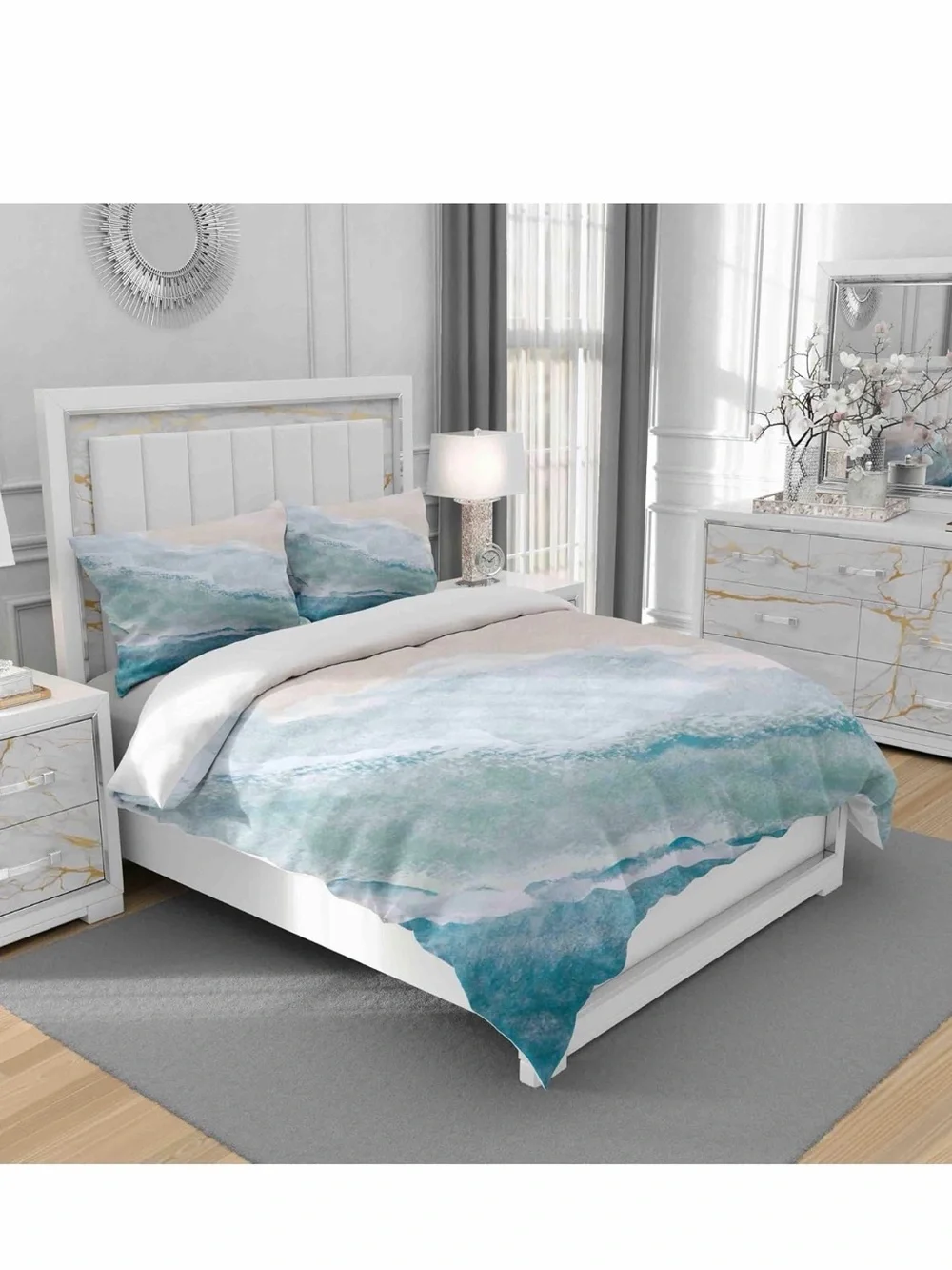 Ocean Blue Sea Beach🏖️Wave🌊3 PCs Duvet Queen Sz🛏️Cover Set